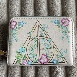 Loungefly Harry Potter Deathly Hallows Floral Zip Around Wallet Cream Sage Green